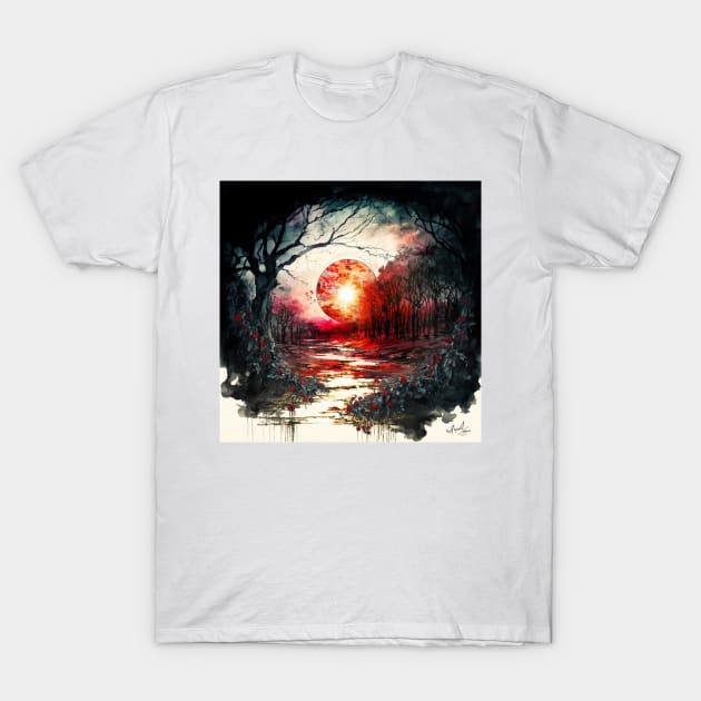 Crimson Lunar Forest T-Shirt by DigitaldrStudio